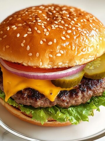 Homemade recipe juicy hamburger with toppings on a sesame bun