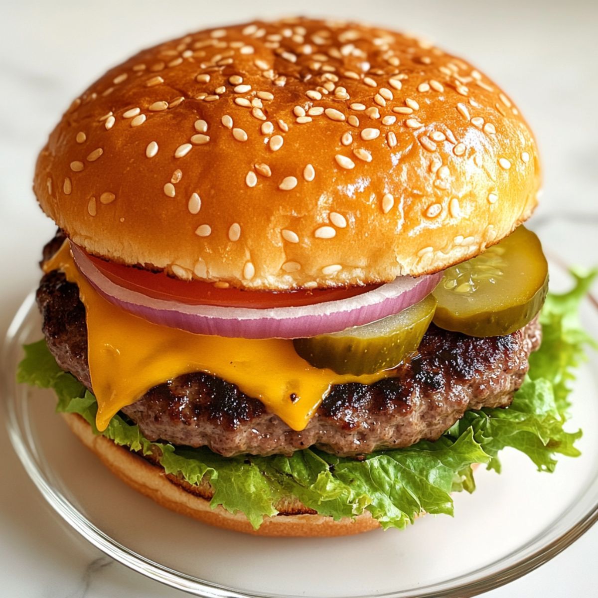 Homemade recipe  juicy hamburger with toppings on a sesame bun
