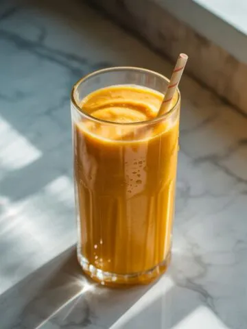 Glass of orange mango smoothie recipe on a white marble kitchen counter.