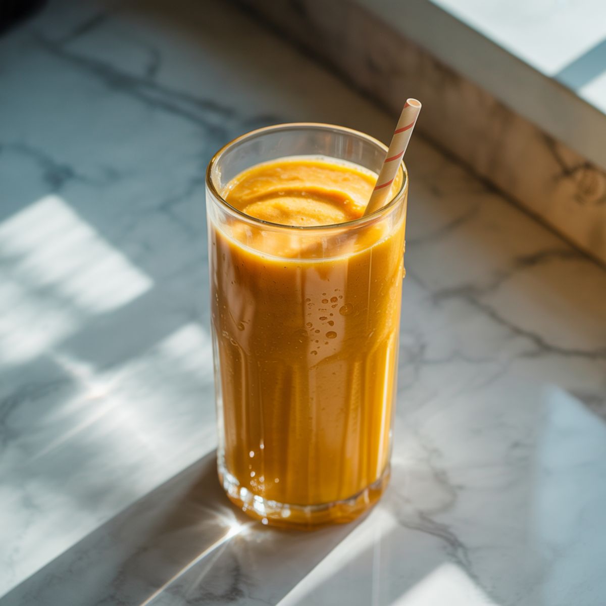 Glass of Orange-Mango Smoothie Recipe on a white marble kitchen counter.