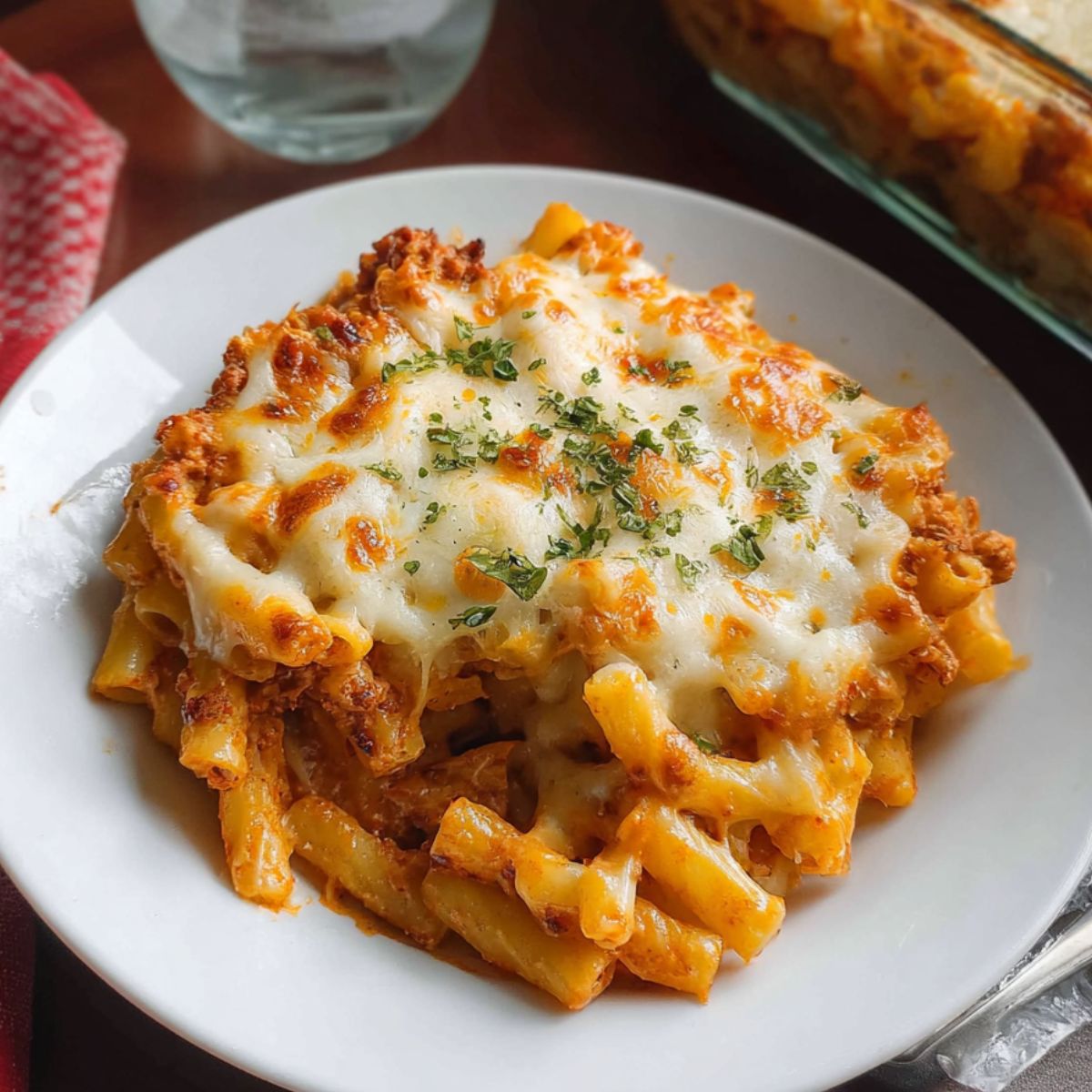 Cheesy baked ziti recipe with golden melted cheese in a glass baking dish on white marble counter

