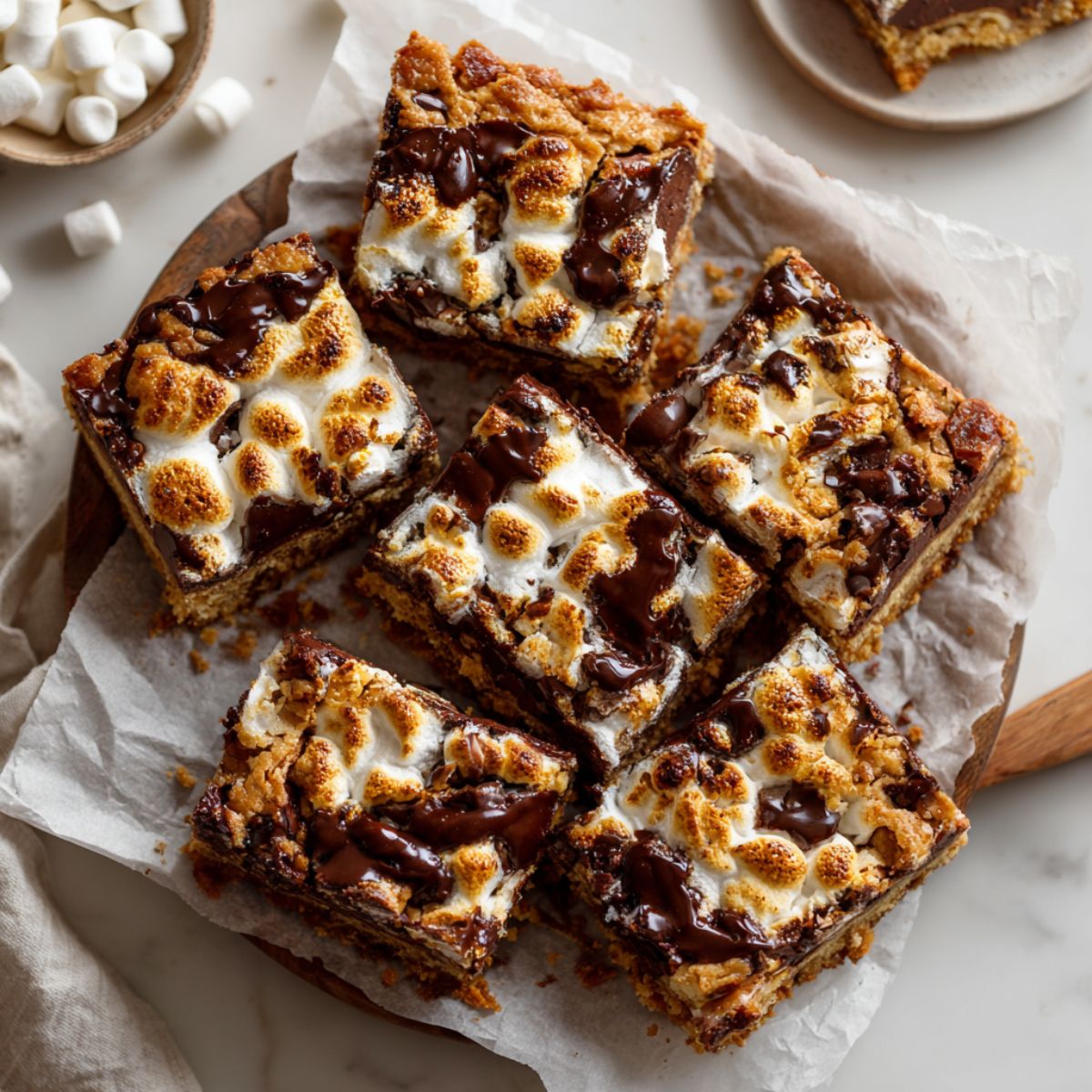 Gooey homemade s'mores cookie bars recipe fresh out of the oven on parchment paper