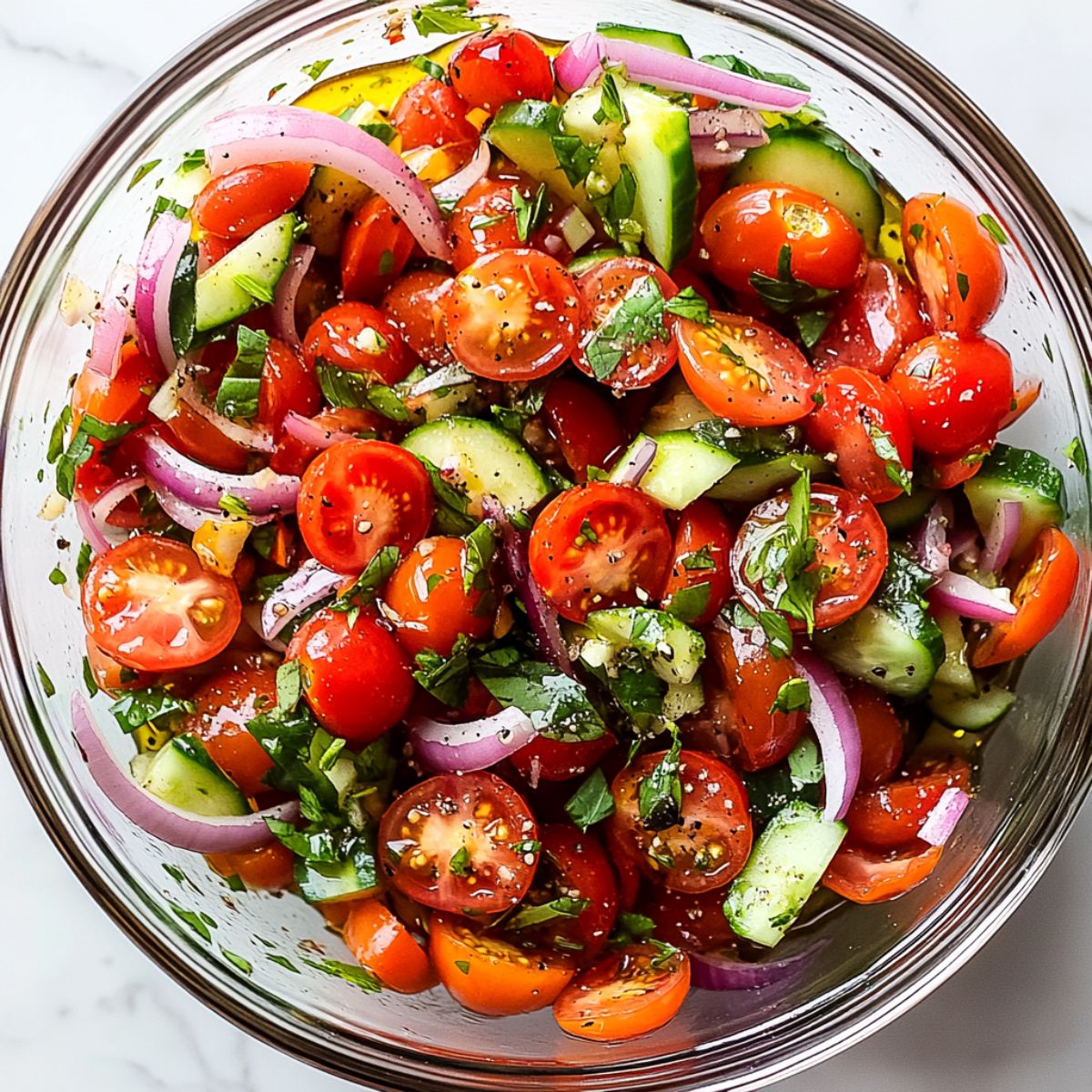 Homemade tomato salad recipe with cherry tomatoes, onions, cucumbers, and fresh herbs in a glass bowl

