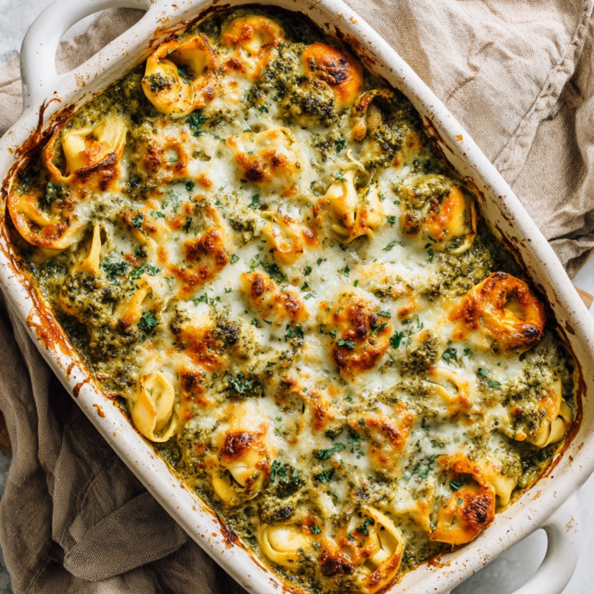 Overhead view of freshly pesto tortellini bake recipe with melted golden cheese