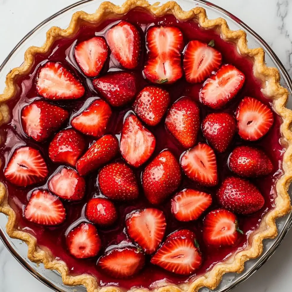Filling a baked pie crust with glazed strawberries on a marble kitchen counter