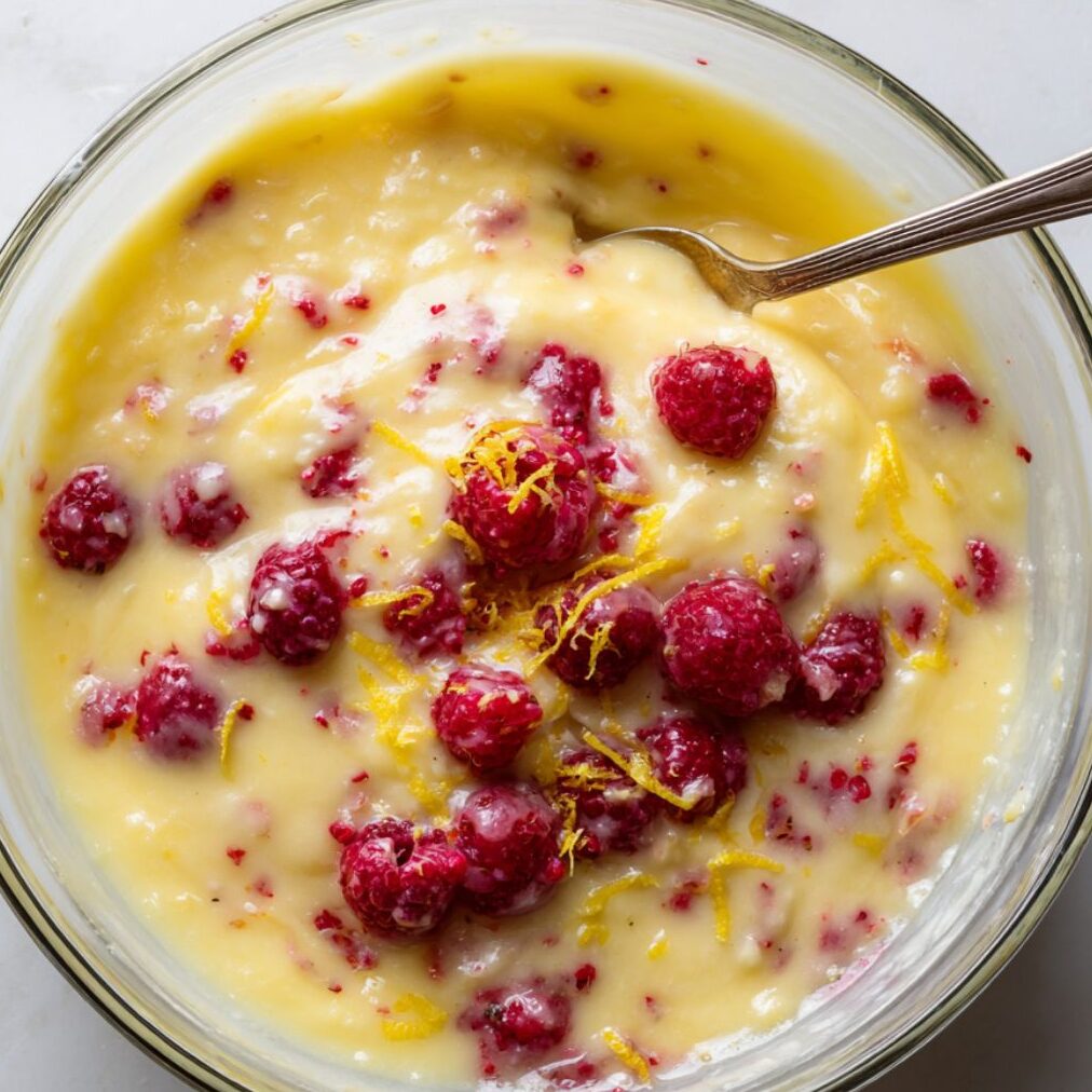 Whisk filling and gently fold in raspberries before pouring over the crust.