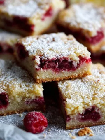 Raspberry lemon bars recipe cut into squares with powdered sugar on a white counter