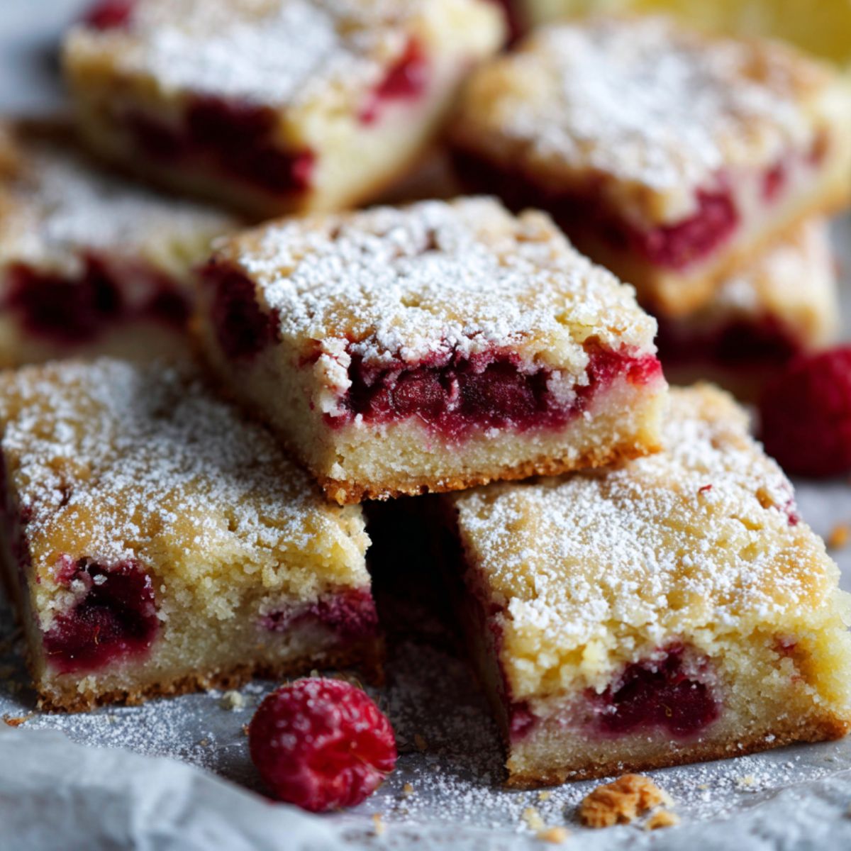 Raspberry lemon bars recipe cut into squares with powdered sugar on a white counter