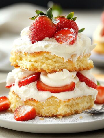 Finished homemade strawberry shortcake recipe on a plate with fresh berries and cream