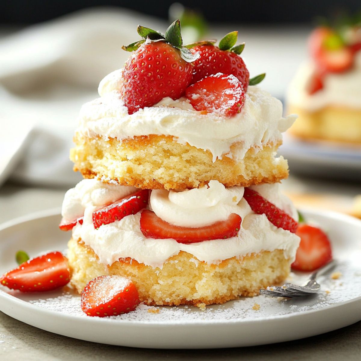 Finished homemade strawberry shortcake recipe  on a plate with fresh berries and cream