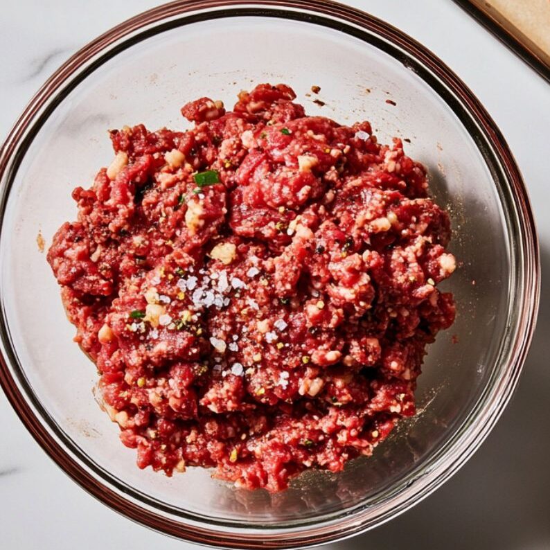 Seasoned beef patties being shaped and prepared on white marble

