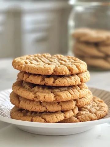 Freshly baked peanut butter cookies recipe cooling on a white marble kitchen counter