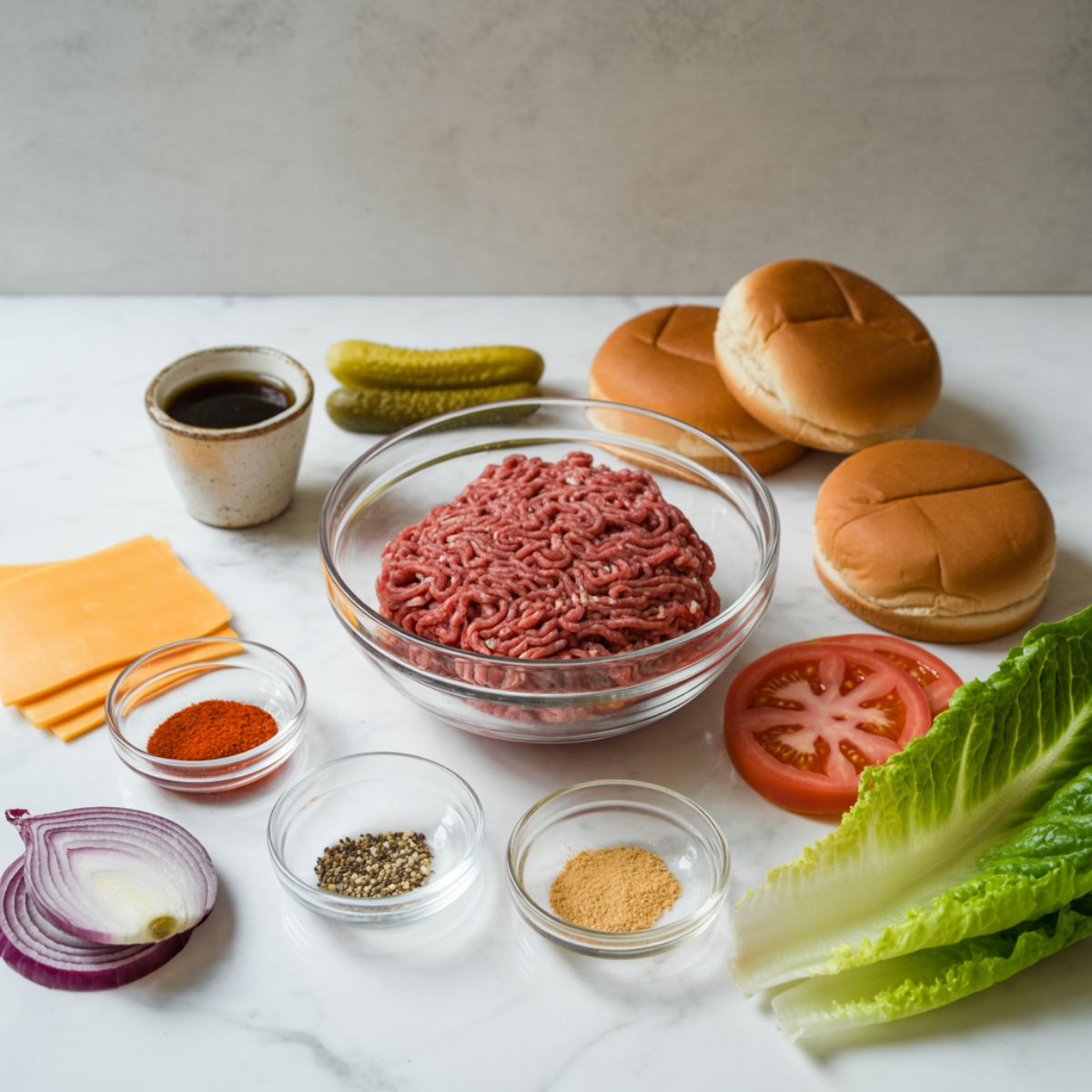 Overhead view of raw hamburger recipe  ingredients on a white counter