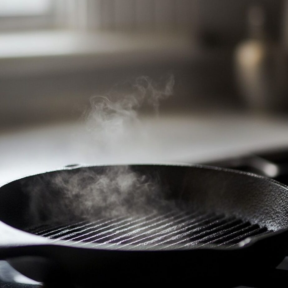 Cast iron skillet heating on a stovetop ready for burgers

