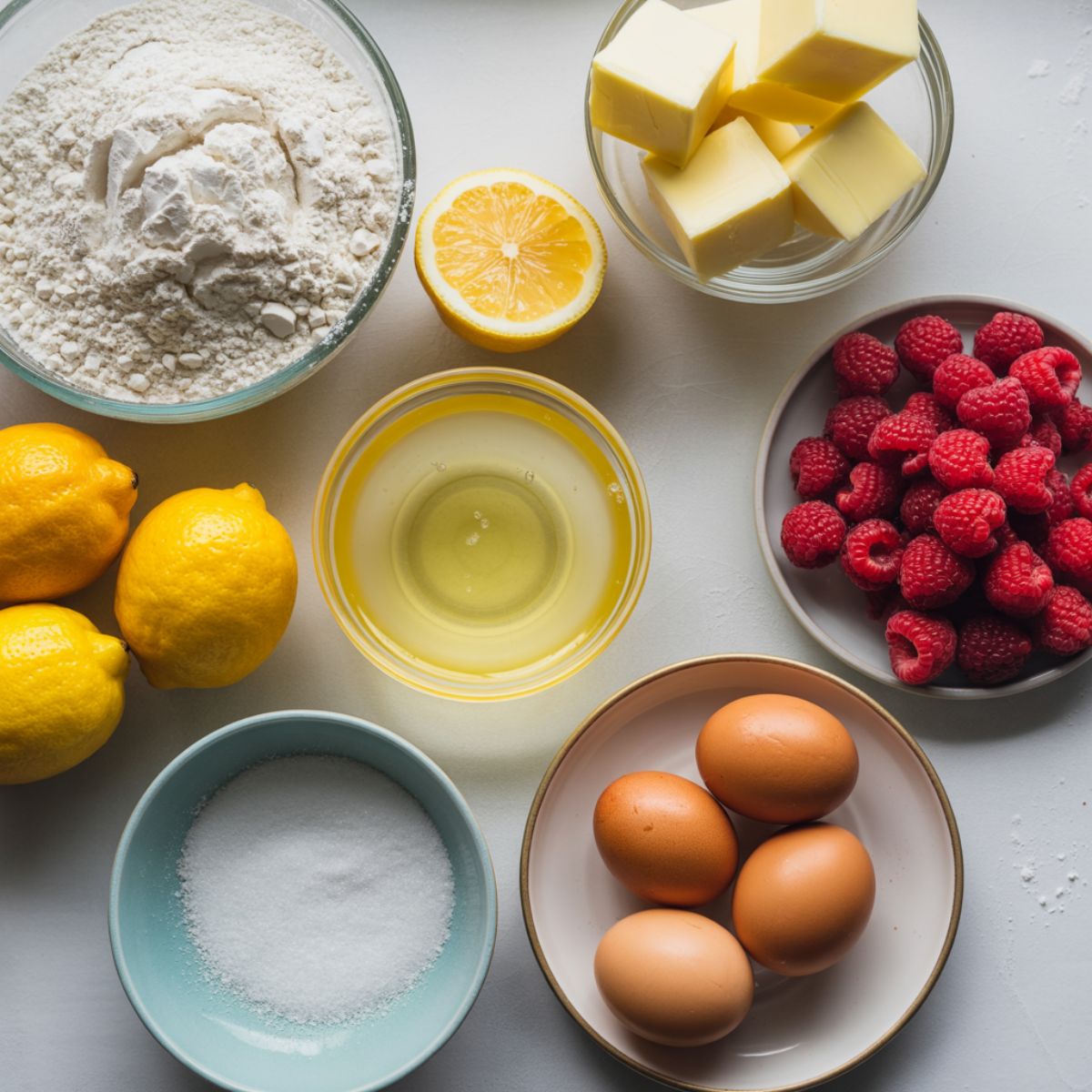 Ingredients for raspberry lemon bars laid out on a kitchen counter