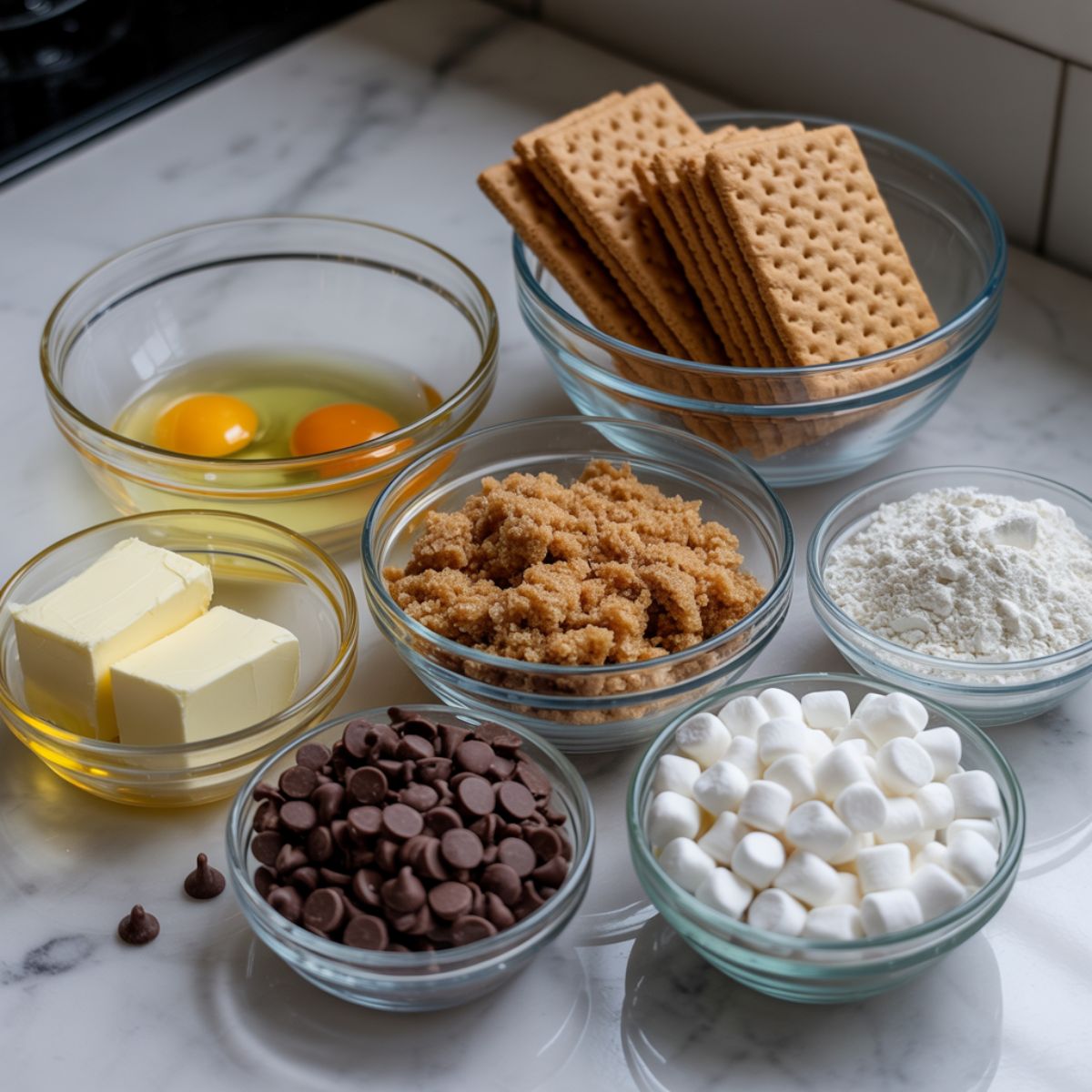 Ingredients for s'mores cookie bars laid out in bowls on a white counter

