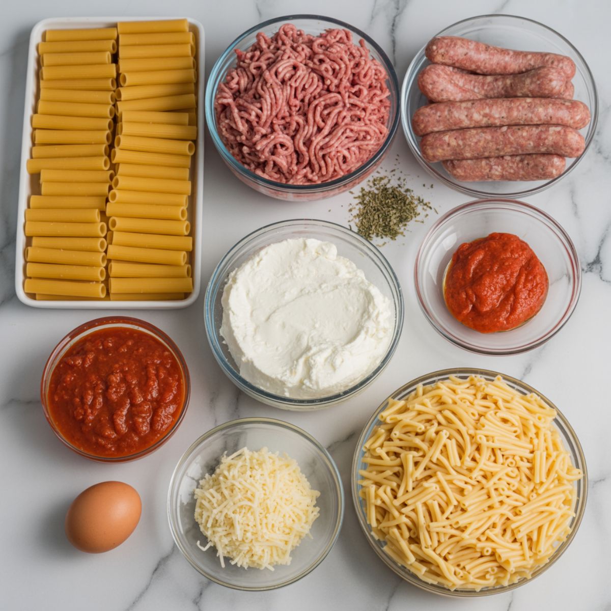 All ingredients for baked ziti laid out on white marble counter including pasta, cheeses, meat, and sauces


