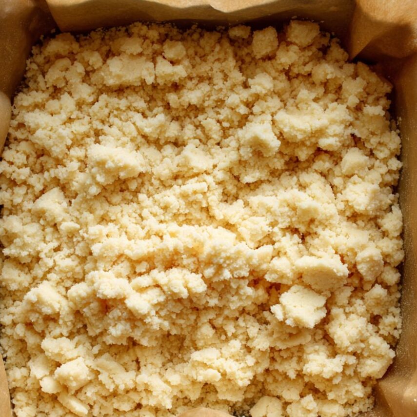 Press crumbly shortbread dough evenly into the pan and bake until lightly golden.