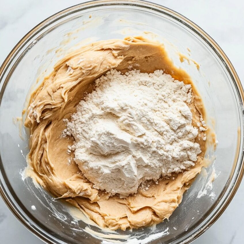 Flour being folded into the peanut butter cookie dough