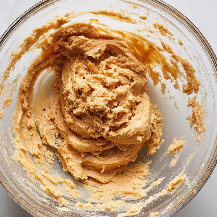 Thick blondie batter being mixed in a glass bowl on a kitchen counter

