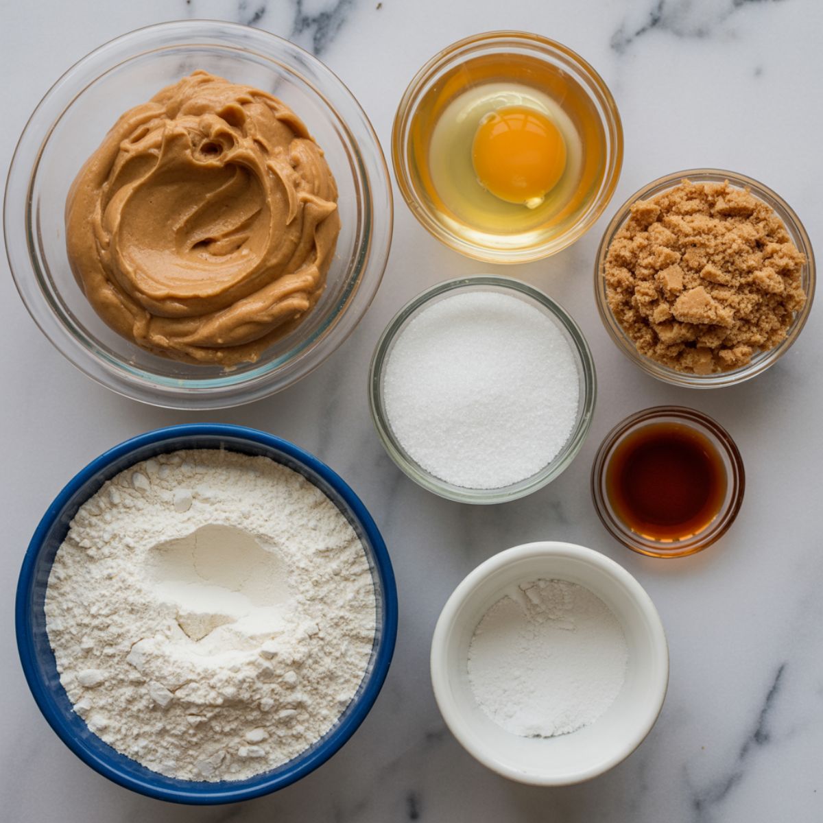 All peanut butter cookies recipe ingredients arranged on a white marble kitchen counter