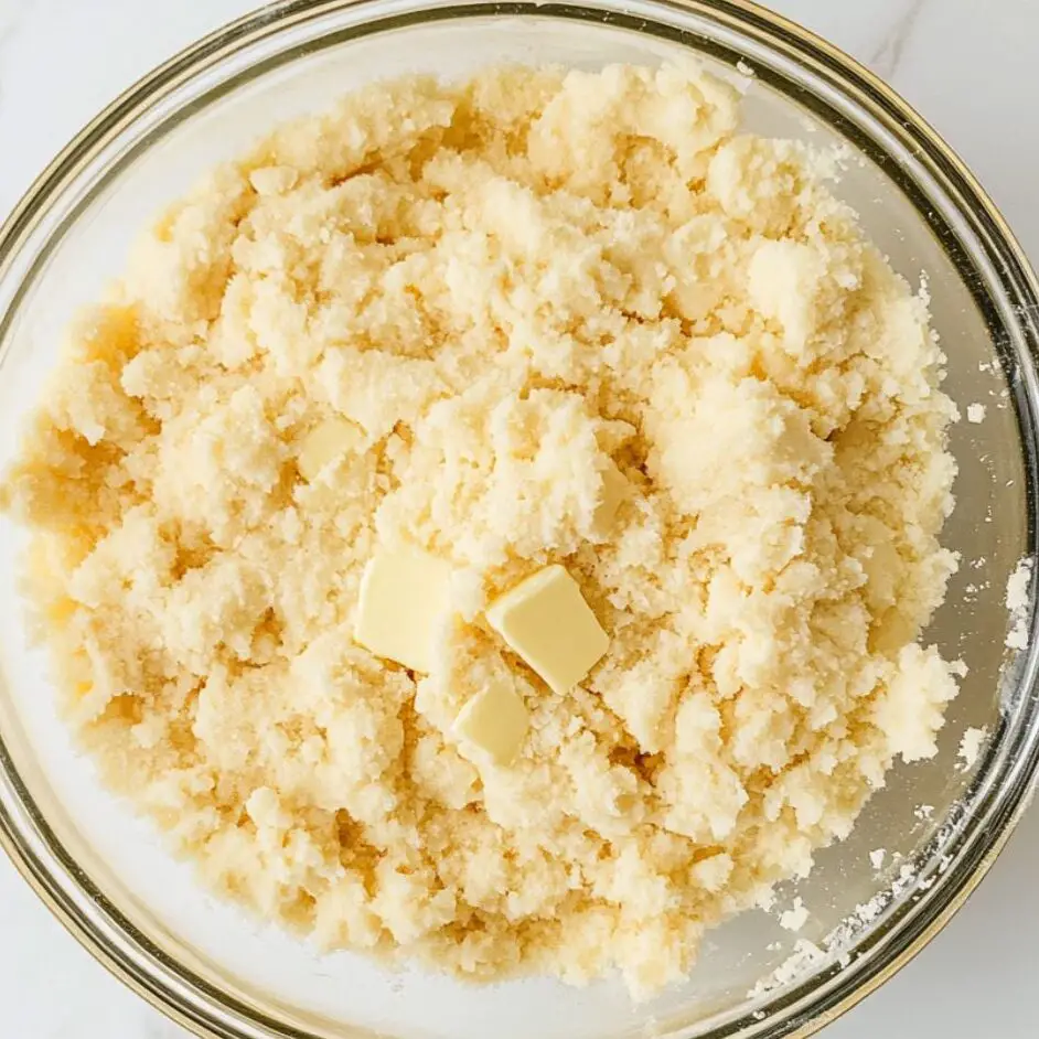 Glass bowl with coarse homemade pie crust dough on a white marble counter