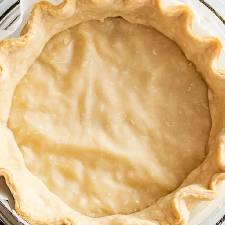 Pie crust lined with parchment and pie weights, ready for blind baking
