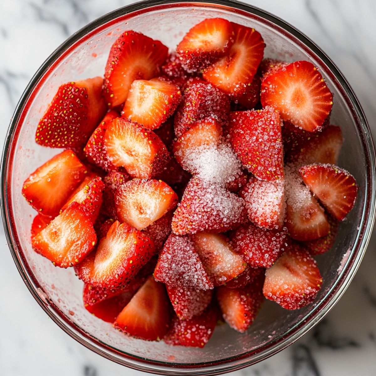 Sliced strawberries with sugar and lemon juice in a glass bowl