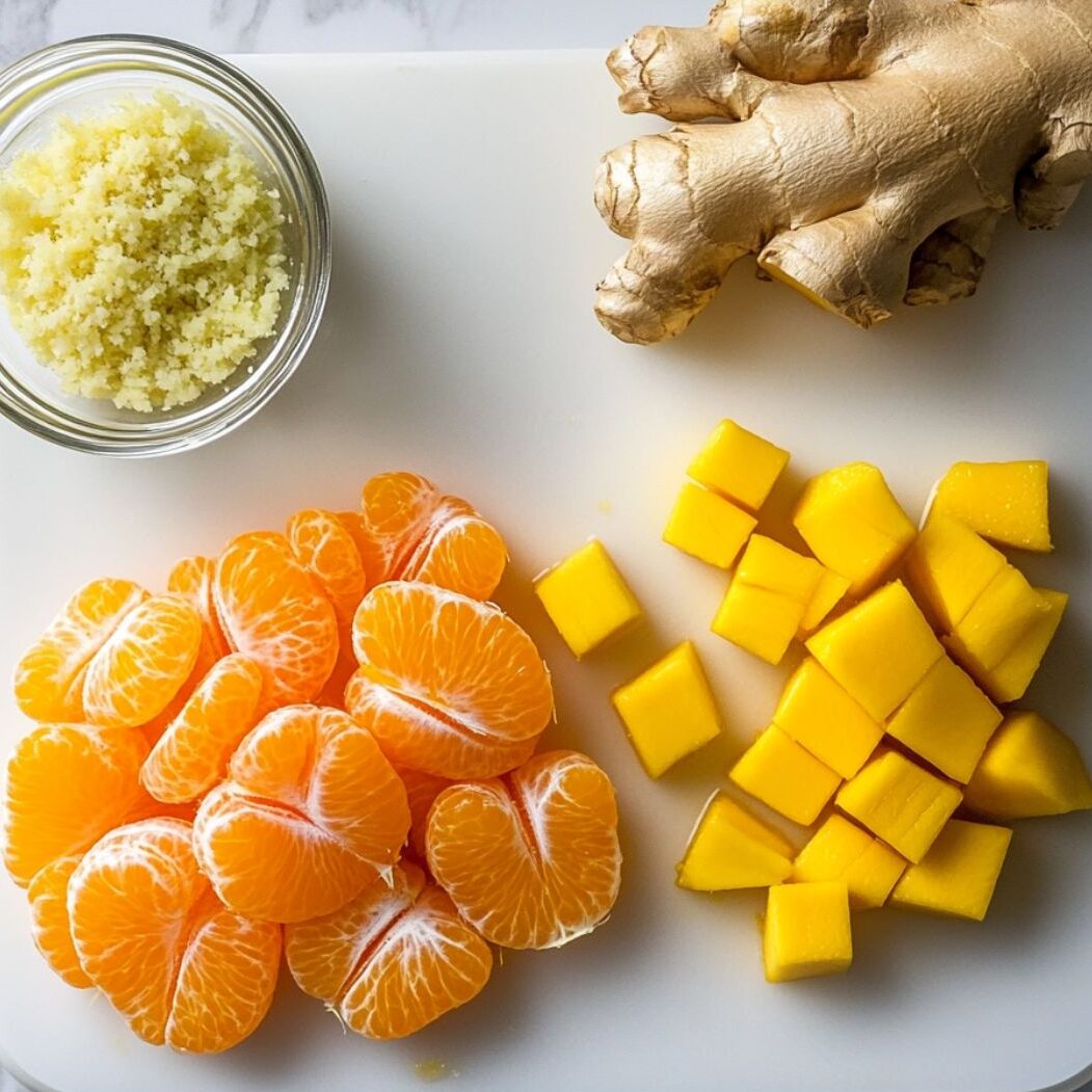 Chopped mango and orange segments on a cutting board.