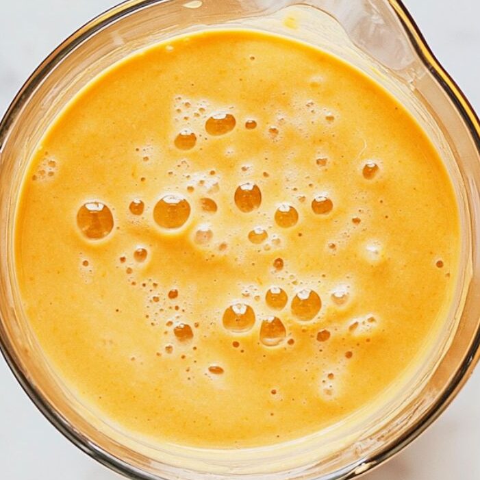 Freshly blended orange mango smoothie in a glass blender.