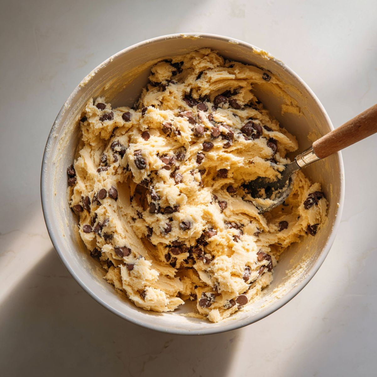 Cookie dough with chocolate chips being mixed in a large bowl

