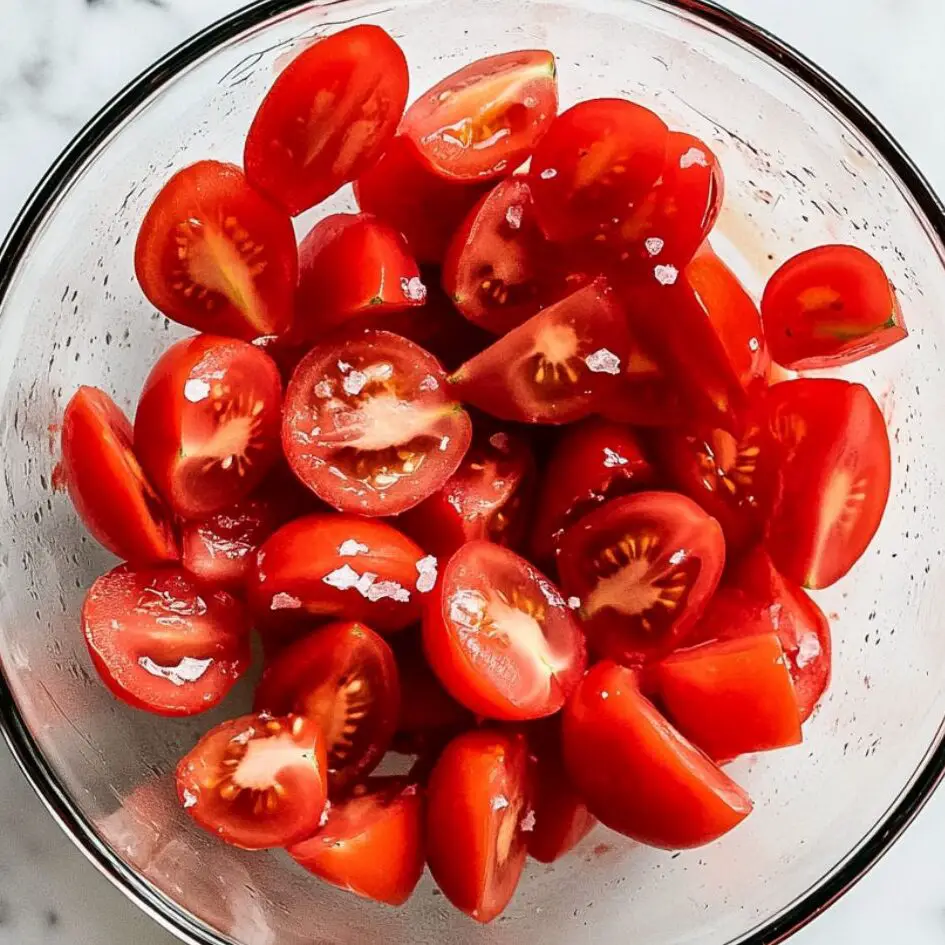Wedges of large tomatoes and halved cherry tomatoes draining in a glass colander

