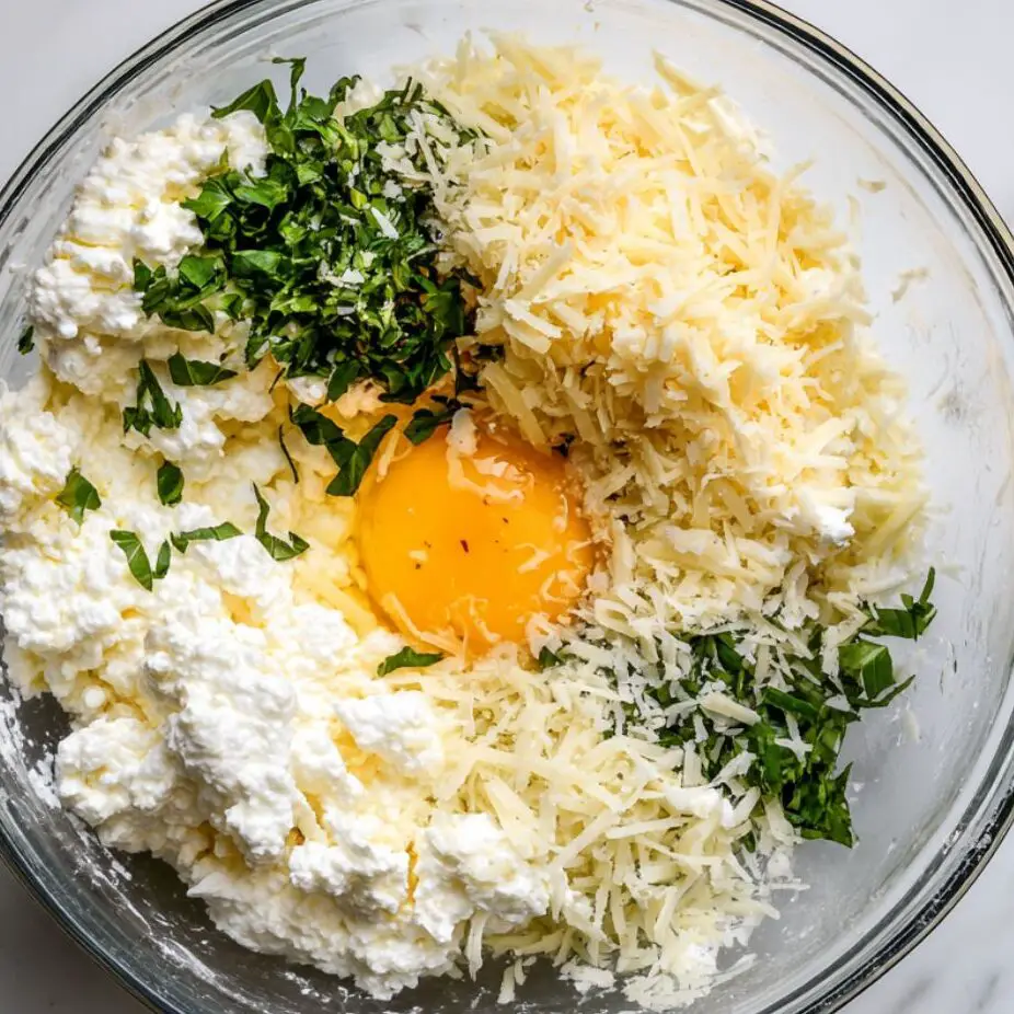 Glass bowl with creamy cheese mixture ingredients like ricotta, mozzarella, egg, and herbs

