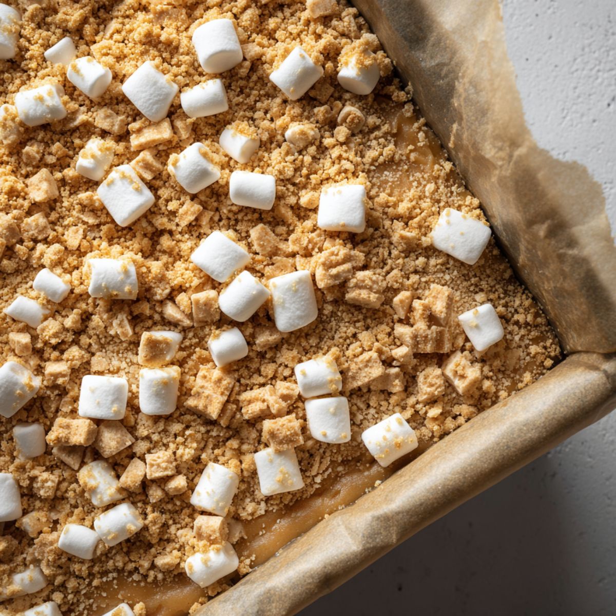Cookie dough pressed in a pan with marshmallows and graham crumbs on top


