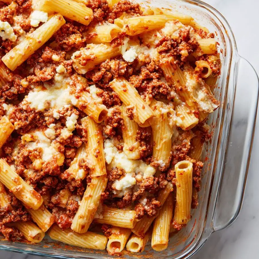 Layering ziti pasta, meat sauce, and cheese mixture in a glass baking dish on marble countertop

