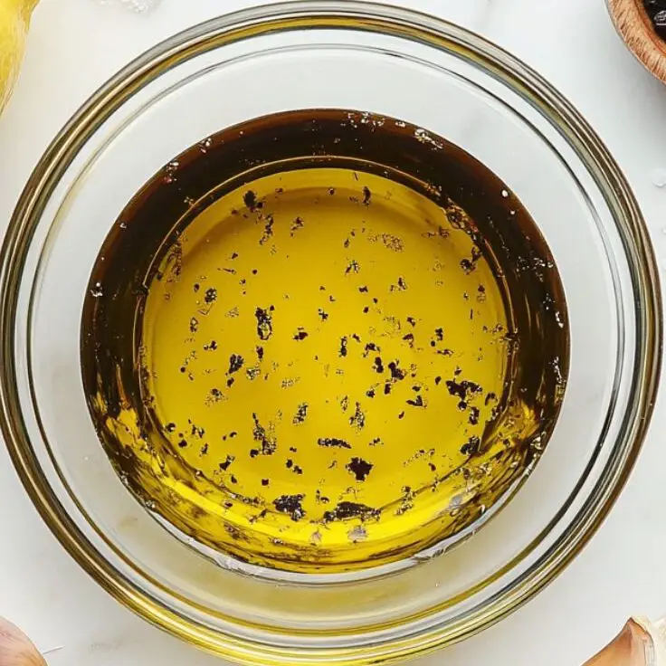 Homemade balsamic dressing ingredients whisked in a small glass bowl

