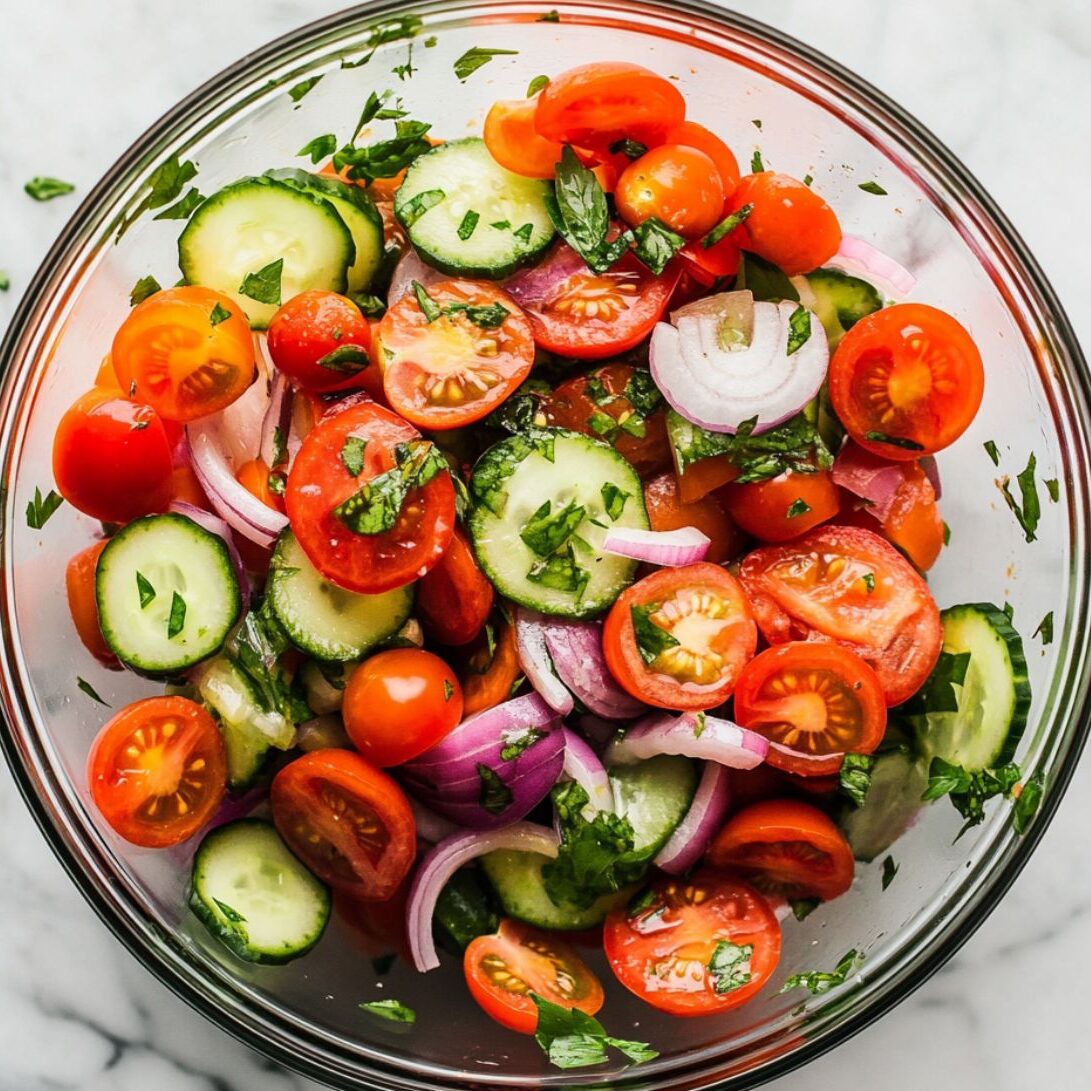 Tomato salad being assembled in a glass bowl with herbs added on top

