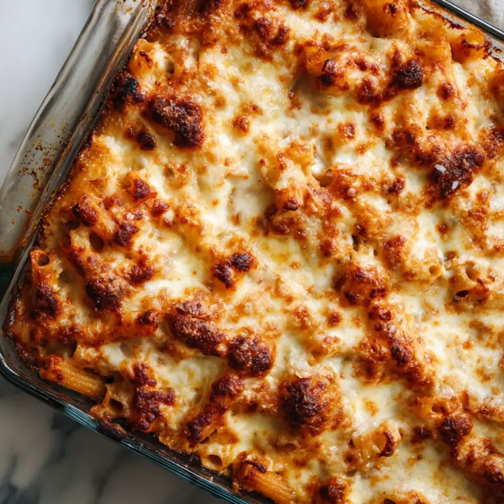 Cheesy baked ziti fresh from the oven with golden bubbly cheese in glass dish

