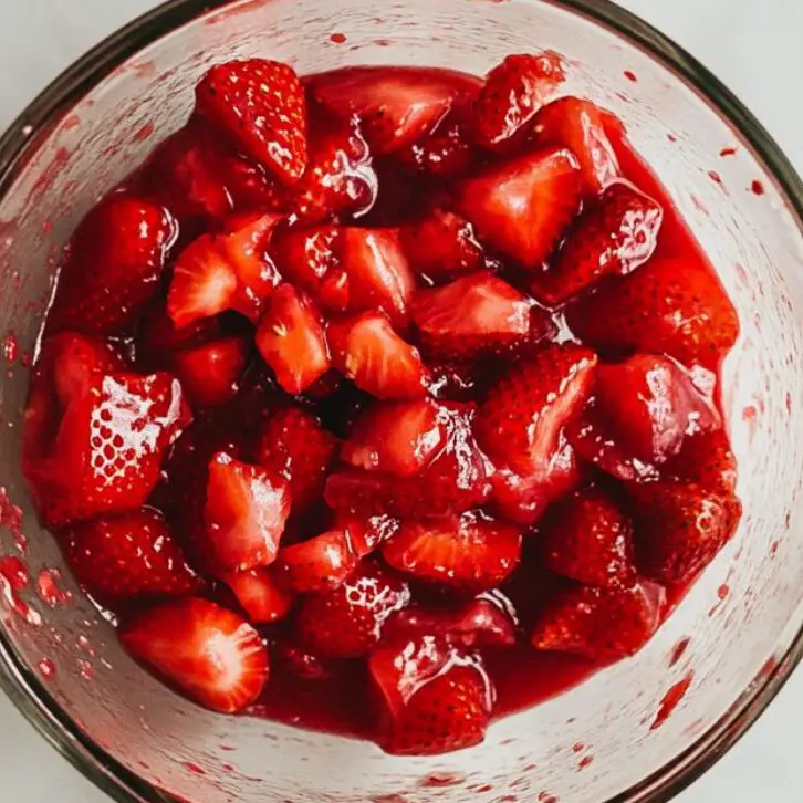 Cooked strawberry mixture turning into a thick glaze in a saucepan