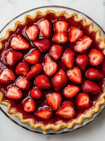 Freshly made strawberry pie recipe with a golden crust and glossy strawberry topping on a white marble counter