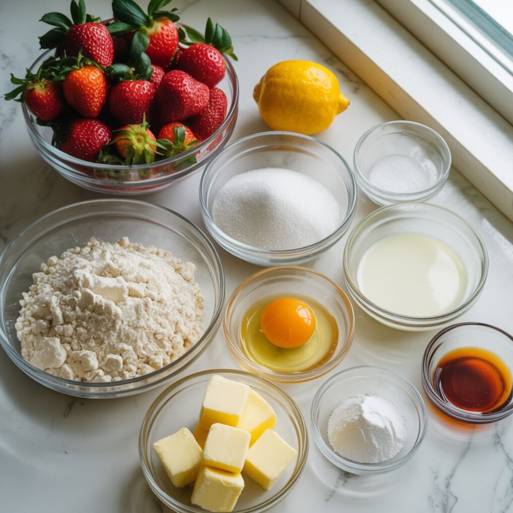 Flat lay of strawberry shortcake recipe  ingredients on a marble kitchen counter