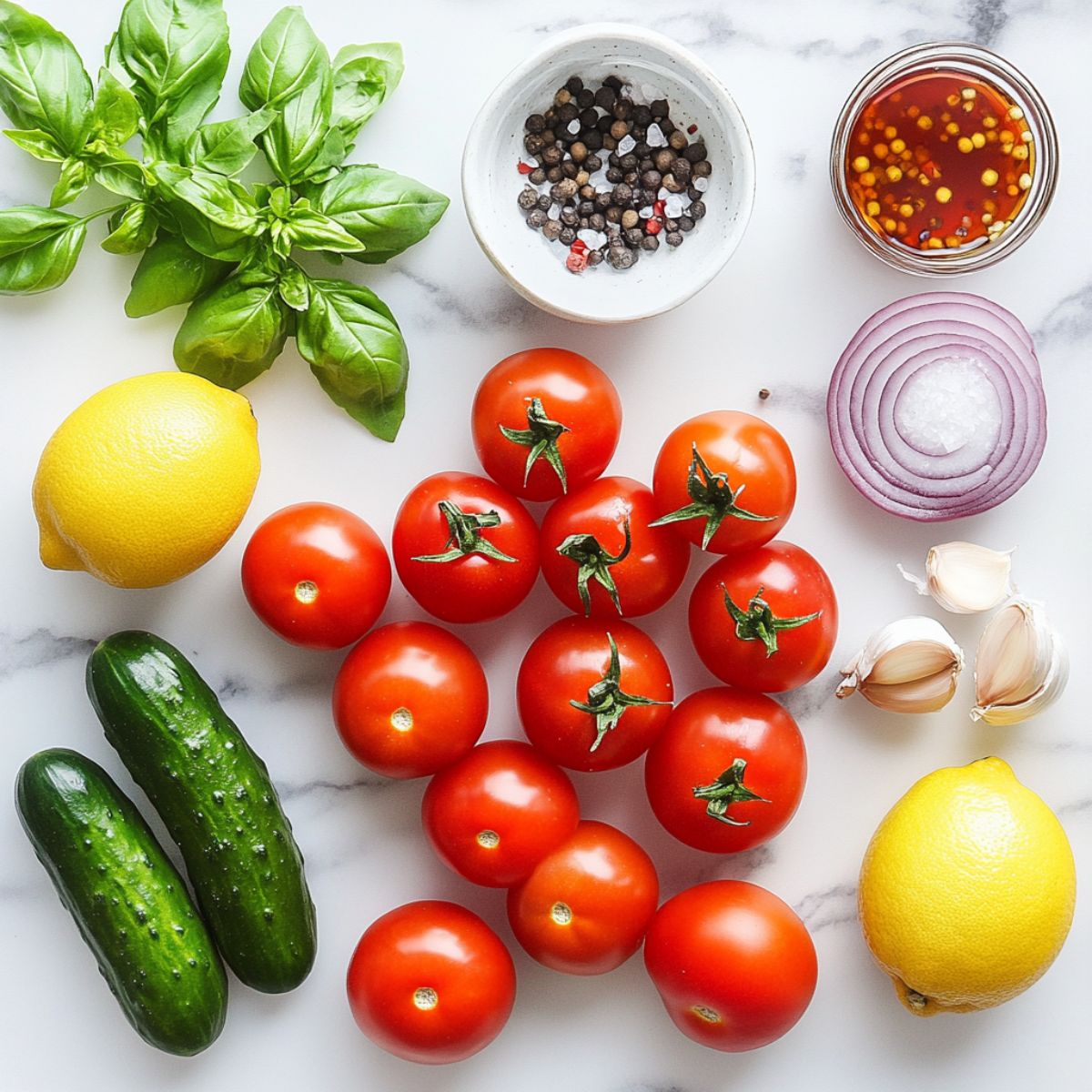 Fresh ingredients for tomato salad recipe arranged on a white marble kitchen counter

