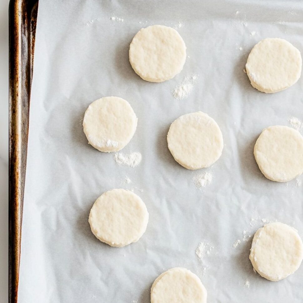 Unbaked shortcakes on a tray ready for the oven