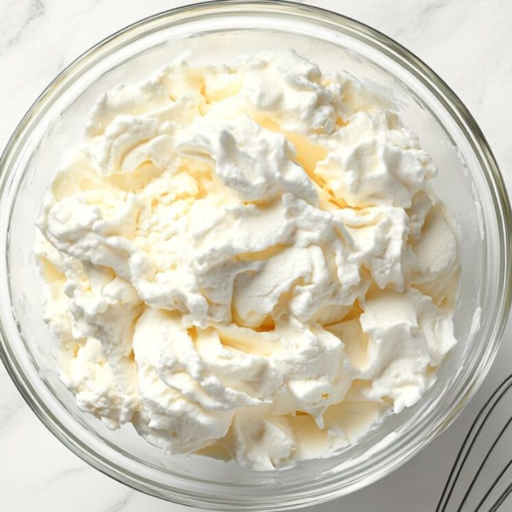 Freshly whipped cream with soft peaks in a glass bowl