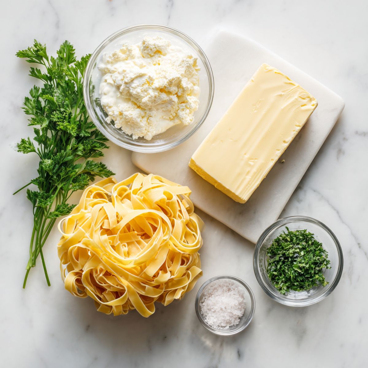 Ingredients for Fettuccine Alfredo Recipe on a marble kitchen counter


