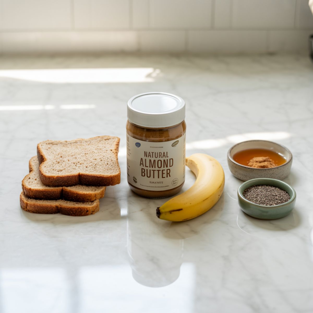 Flat lay of almond butter, banana, bread, and toppings on a white marble kitchen counter.