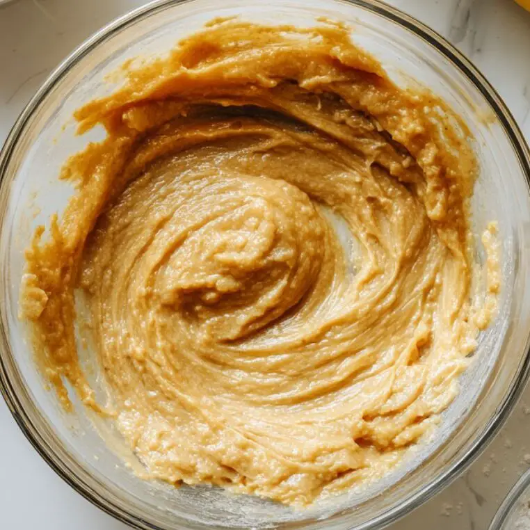 Mashed bananas and butter-sugar mixture being prepped in glass bowl