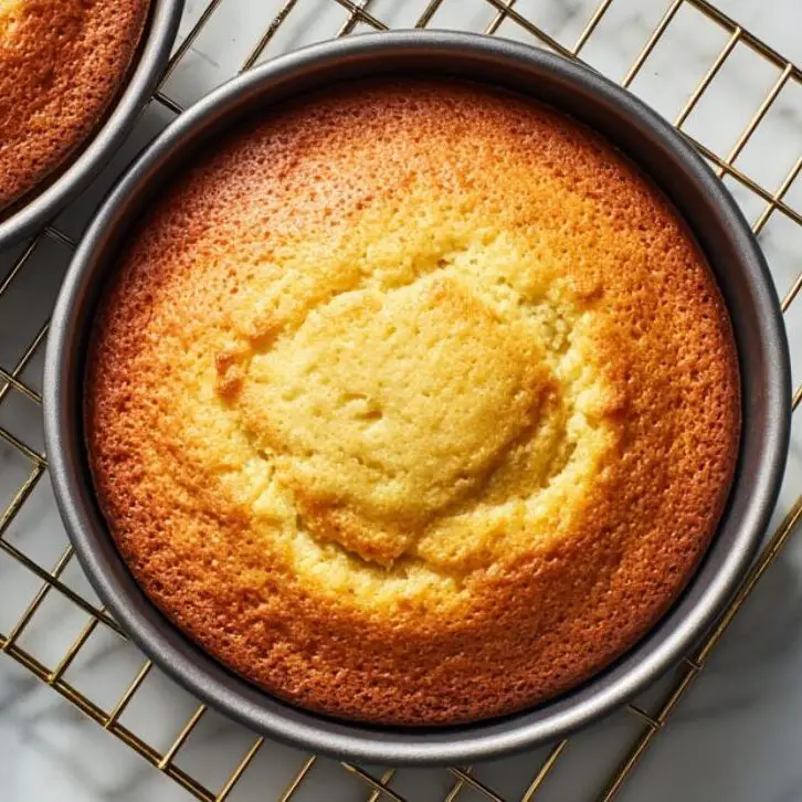 Banana cake layers cooling in pans on marble counter