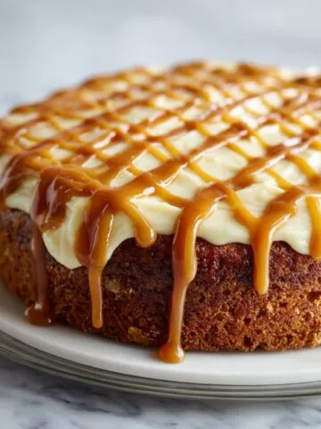Homemade banana caramel cake recipe with caramel drizzle on white kitchen counter