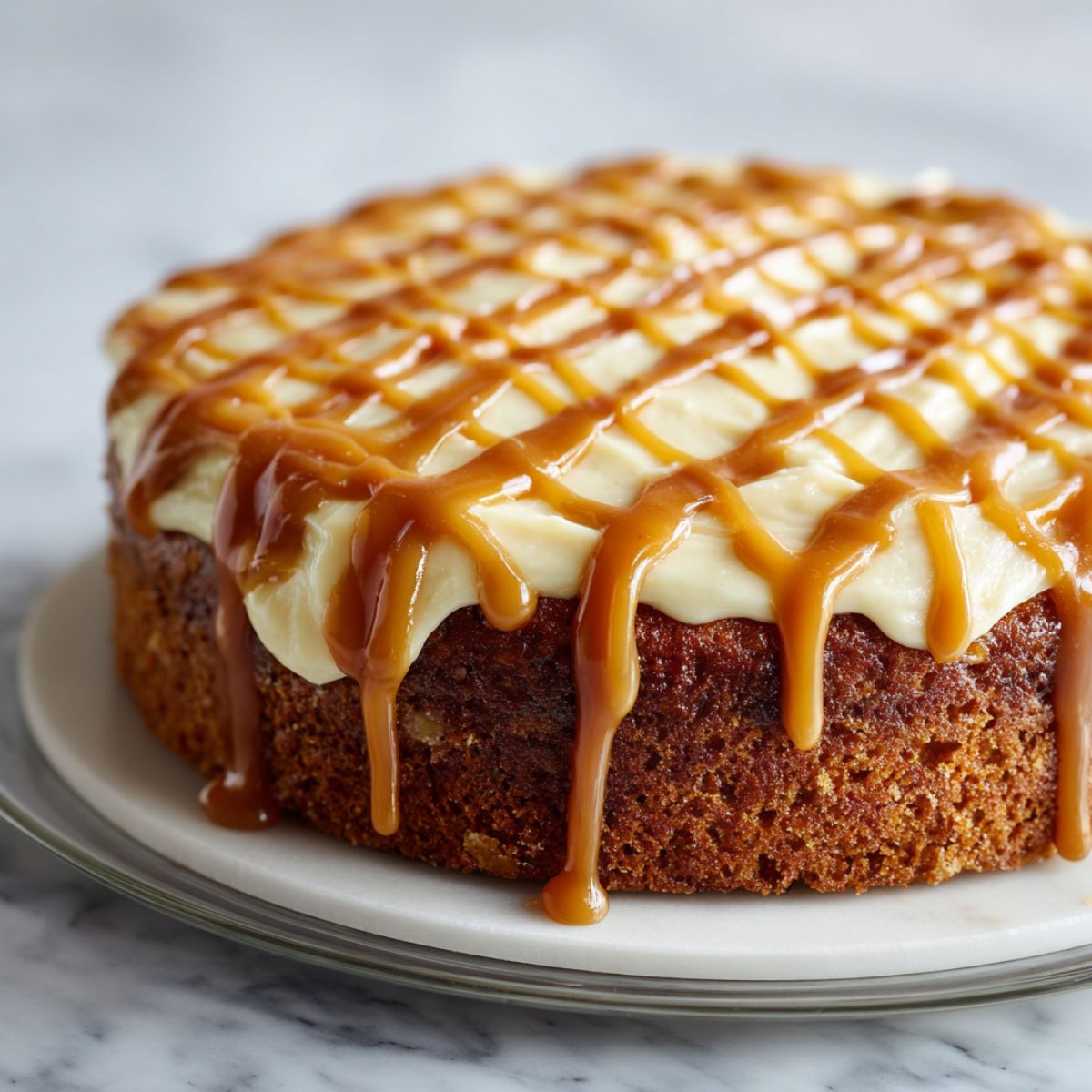 Homemade banana caramel cake recipe  with caramel drizzle on white kitchen counter